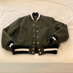 Todd Snyder x Champion vintage varsity jacket in olive with black and white